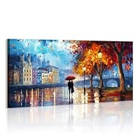 WENGTIAO City by the River At Night Canvas Wall Art Prints Large Framed Picture Couple with Umbrella under Streetlight Abstract Painting on Canvas Living Room Bedroom Home Wall Decor 120x50 cm
