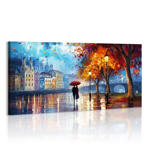 WENGTIAO Stampa su Tela Città sul Fiume di Notte Con Cornice Grande Quadro su Tela Coppia con Ombrello Sotto la Luce Della Strada Quadri Moderni Soggiorno Camera da Letto Decorativo Parete 120x50 cm
