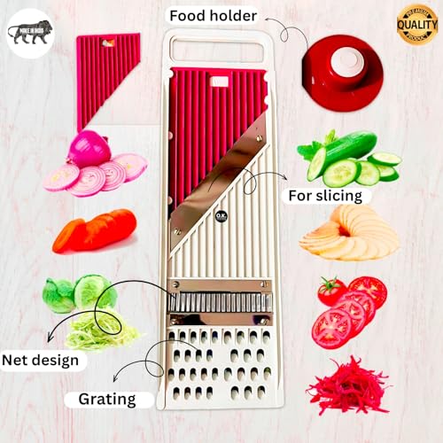 Image of DNEX A to Z 8 MAX TT Vegetable Slicer Premium Mandoline Vegetable Slicer and Grater, Stainless Steel Kitchen Tool with Food Holder, Multi-Function Design for Slicing and Grating, Red and White