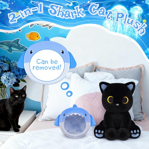 Image of Shark Plush Stuffed Cat, 8inches Black Cat Plush with Blue Shark Hood Removable, Cute Plushies Kawaii Cat Stuffed Animal Doll Toy for Kids Boys Girl