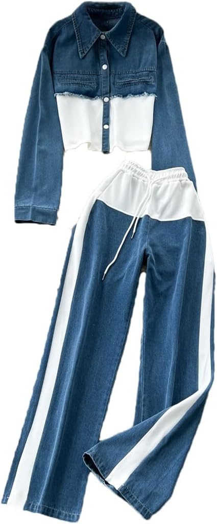 Women's High-Waisted Splicing Denim Wide-Leg Straight Pants And Fashion Lape Short Jacket 2 Piece Sets Outfits