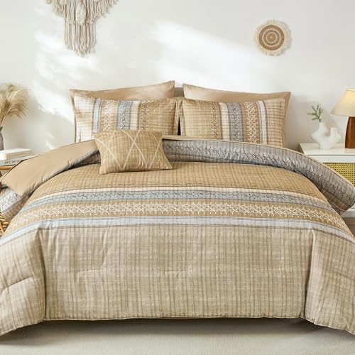Image of Dintszyayue Khaki King Comforter Size Set, 8 Pieces Striped Boho Texture Bed in a Bag Sets, Lightweight Soft Bohemian Comforter and Sheet Set, All Season Microfiber Bedding Sets for Men Women