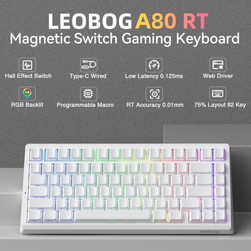 Image of LEOBOG A80 RT Hall Effect Gaming Keyboard Wired, Rapid Trigger Magnetic Switch Keyboard with 0.01mm RT Adjustable Actuation, 8000Hz Polling Rate, RGB Backlit Mechanical Keyboard 75% for PC Gamer