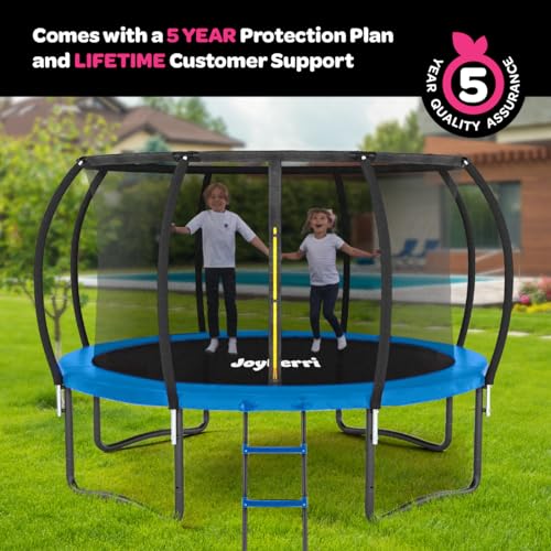Image of JoyBerri Upsurge Trampoline Outdoor - ASTM Certified Safe 8Ft 10Ft 12Ft 14Ft 15Ft 16Ft Recreational Trampoline for Kids and Adults. Anti-Rust Coating with Enclosure Net, Ladder, Sprinkler & LED Lights