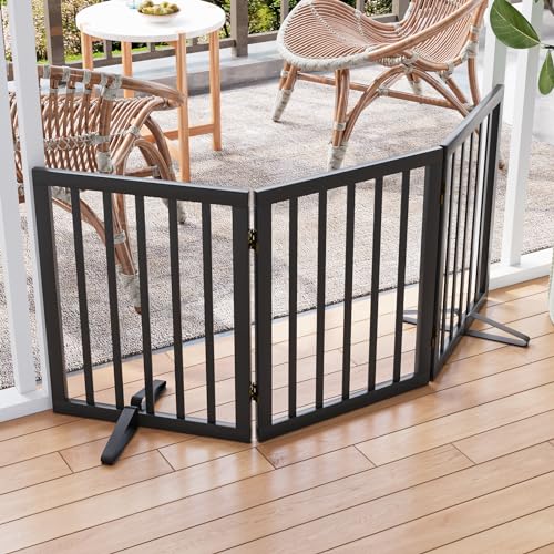 Semiocthome Freistehendes Bambus-Hundegitter für Türen, 3-teilige Welpentore für das Haus mit 2 Metallständern, 61 cm hoch, zusammenklappbares Haustiergitter für Treppen, erweiterbar bis zu 140 cm