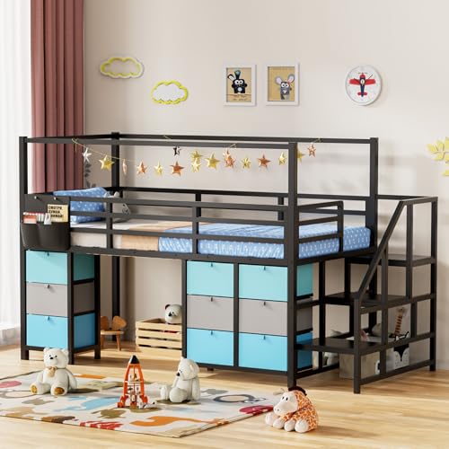 Zerduos Low Loft Bed Twin Size with 9 Storage Drawers, Twin Loft Bed with Stairs,Bedside Storage,...