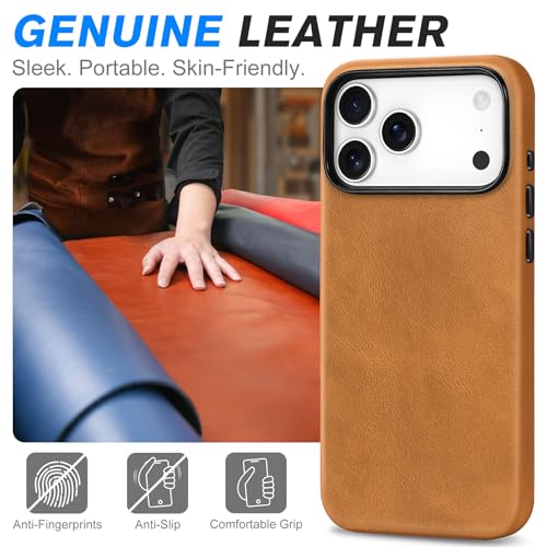 Image of SHIELDON Genuine Leather Case for iPhone 17 Pro Max 6.9 inch, Retro Light Brown | for MagSafe, Magnetic Wireless Charging, Camera Button, Metal Buttons, Camera Bezel, Non-Slip, Shockproof, Anti-Scratch, Slim