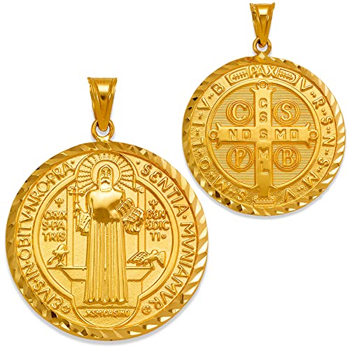 JEWELHEART 14K Real Gold Saint Benedict Medals 14mm 18mm 20mm 25mm Diamond Cut San Benito Pendant Charm For Men Women Religious Medallion Two Sided