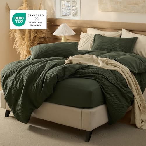 Image of Bedsure Cotton Waffle Duvet Cover Set with Fitted Sheet, King, Olive Green | Waffle Texture, Breathable, Skin-Friendly, OEKO-TEX Certified, Good Housekeeping Seal, All-Season, Machine Washable