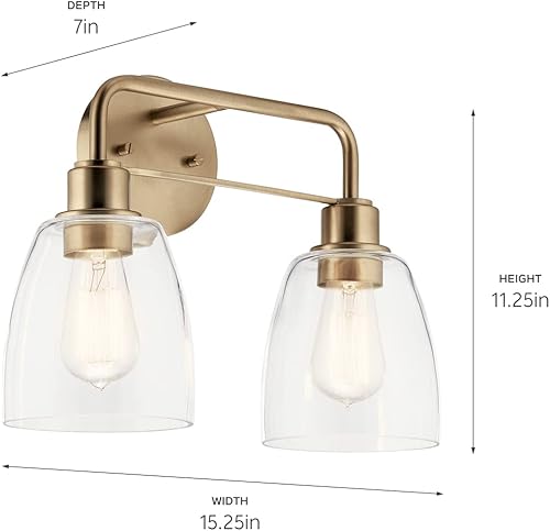 Miniatura 2 de Kichler Meller 55101CPZ - 2 luces de tocador de 15.25 pulgadas con vidrio transparente en bronce champán para baños y tocadores, 11.25 pulgadas de