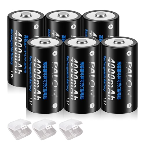 Palowextra Premium Rechargeable C Batteries 6 Pack High Capacity 4000mAh 1.2v NiMH Batteries (C Size Battery)