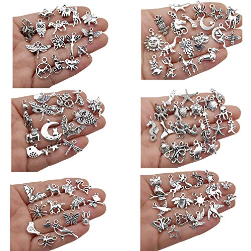 Youdiyla 200 Mixed Charms Collection, Antique Silver Tone, Charms Metal Pendant Craft Supplies Findings for Crafting Necklace Bracelet Jewelry Making HM332