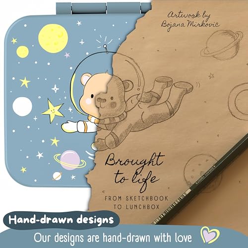 Image of BEARFOOT Kids Lunch Box with Compartments - Compact & Lightweight | Leak-Proof, BPA-Free, Dishwasher Safe | Hand-Drawn Design for Preschool, School, Travel (Astro Bear Blue, 2.75 Cups)