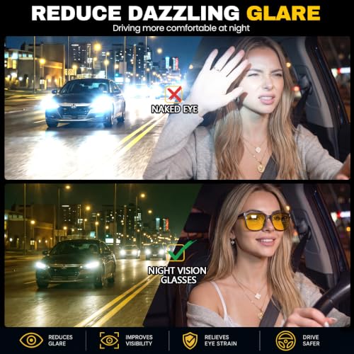 Image of Myiaur Women's Polarized Night Driving Glasses, Anti-Glare Yellow Lens | Nighttime Driving Glasses Boost Low Light Vision, UV400 Protection, Lightweight Frame For Night Driving, Rain & Fog