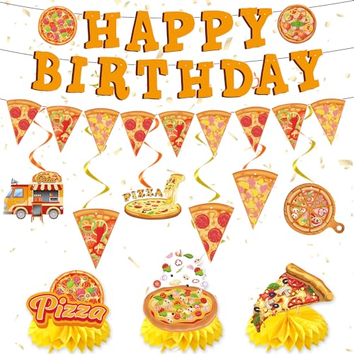 Image of Pizza Birthday Party Decorations, Happy Birthday Banners Hanging Swirls and Honeycomb Centerpieces Decor, Pizza Themed Ceiling Table Decoration Supplies