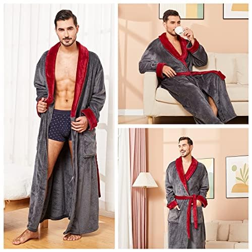 Image of FashGudim Mens Robes Big and Tall Full Length Plush Fleece Long Robe for Men Bathrobe Shawl Collar Warm Winter House Robes