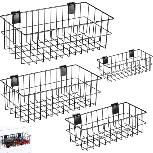 Hicarer 4 Packs Black Slatwall Baskets Sets Mounted Slatwall Accessories Ventilated Metal Hanging Baskets for Rooms Shops Storage Organizing Display on The Wall