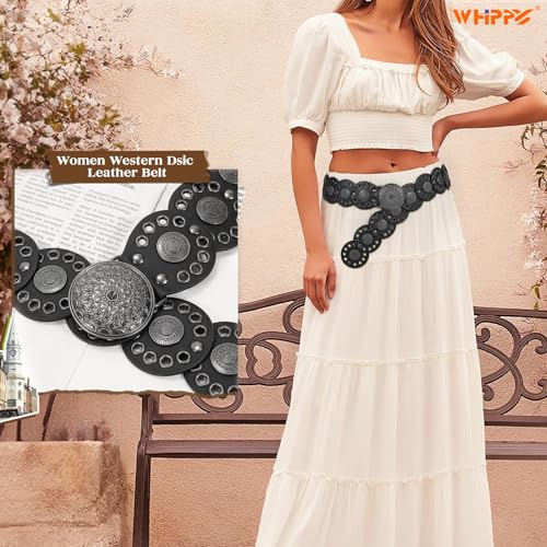 WHIPPY Western Belts for Women Vintage Disc Waist Belts Concho Leather Belts Boho Waist Belt for Dress Jeans2