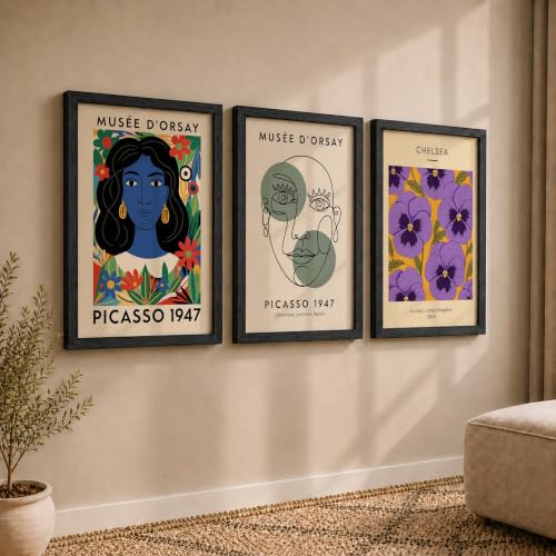 Image of NoWorries Modern Abstract Wall Art Frame | London Chelsea Floral Print & Picasso' Inspired Wall Art Paintings 300 GSM Premium Prints | Stylish Home Decor for Living Room, Office & Bedroom | Synthetic Wooden Wall Art Frames (Set of-3) (BLACK, ART-10, 25X37INCHES)