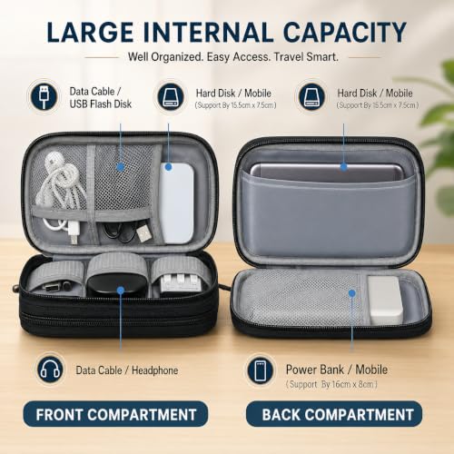 Image of SaleOn 8.3x5 Inch Tech Pouch Organizer with 1 Year Warranty - Portable Storage Organizer for USB Cable, Charger, Earphone, Power Bank, Hard Disk & Digital Gadgets, Travel Mobile Bag for Men