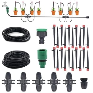 82FT Drip Irrigation System Automatic Micro Drip Kit with 1/2 and 1/4 inch Irrigation Tubing Hose Adjustable Nozzle Sparkle Garden Watering System for Flower, Potted Plants, Vegetable, Greenhouse