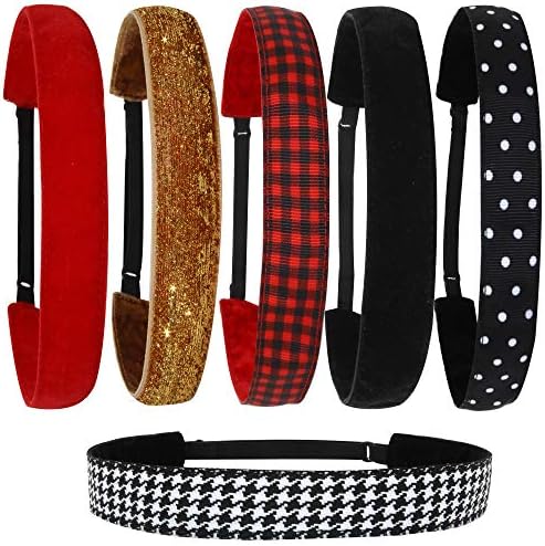 FROG SAC 6 Christmas Headbands for Girls, Adjustable Elastic Non Slip Holiday Headband for Women, Classic No Slip Fashion Hair Accessories Party Favors For Kids, Red Gold Black Hair Bands for Teens