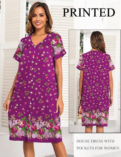 Image of Ekouaer House Dresses for Women with Pockets Button Down Nightgowns Plus Size Moo Moos Mumu Dresses Floral Print S-3XL