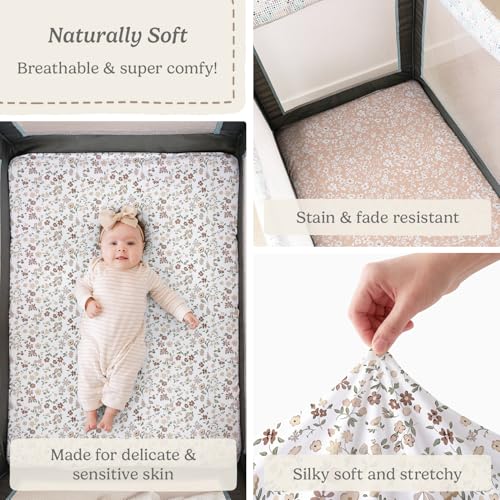 Image of Pack and Play Sheets Fitted, Mini Crib Sheets for Graco Pack N Play Playard (38x26), Ultra Soft Organic Cotton Blend, Safe & Snug Playpen Mattress Sheet for Baby Boys & Girls - Fleurette, 2-Pack