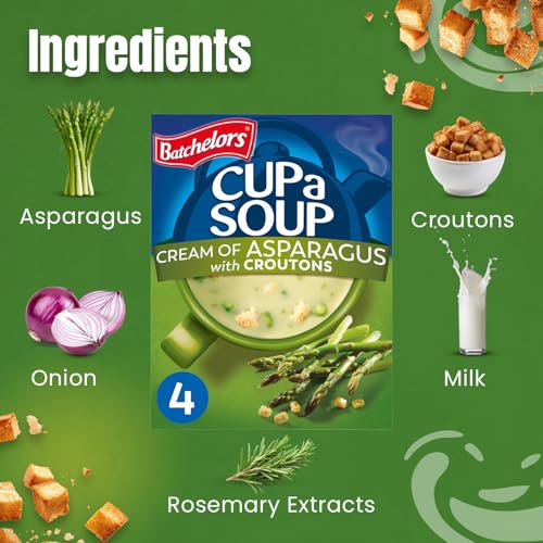 Image of Batchelors Cup a Soup Cream of Asparagus with Croutons, 117g (4 Sachets) | Instant Asparagus Soup | Creamy Vegetable Soup | Low Fat Vegetarian | Just Add Hot Water