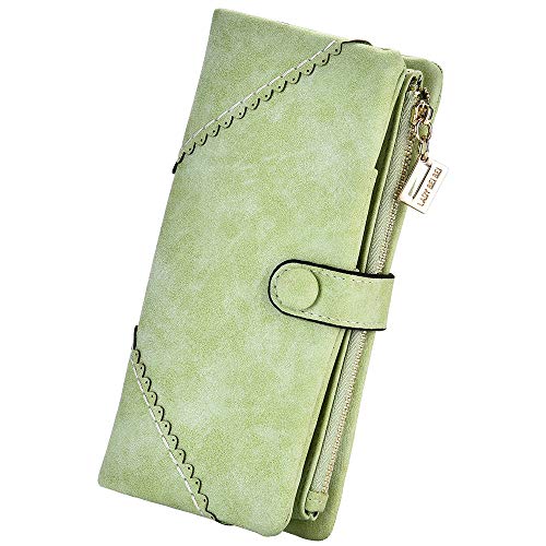 Image of Bird&Fish Women Vegan Leather Wallet Bifold Clutch Large Capacity Card Organizer Buckle Long Purse for Girls Candy Color