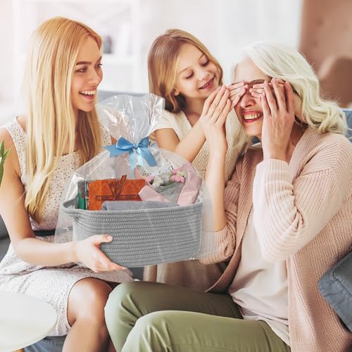Image of Cute Gray Gift Basket, Woven Baskets for Gifts Empty, Cotton Rope Storage Bin for Organizing, Kids Cat Dog Toy Box, Baby Nursery Organizer, Wicker Easter Basket with Handle, Grey Room Decor
