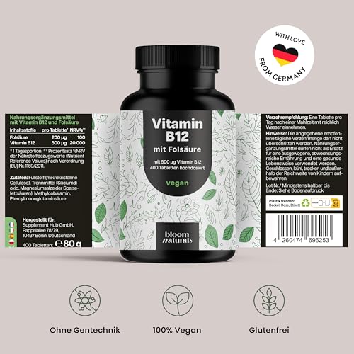 Vitamin B12 hochdosiert - 400 Tabletten mit 500µg Vit B12 + 200µg Folsäure - zertifiziert Laborgeprüft - Vegan & Produziert in Deutschland - Verpackung kann variieren
