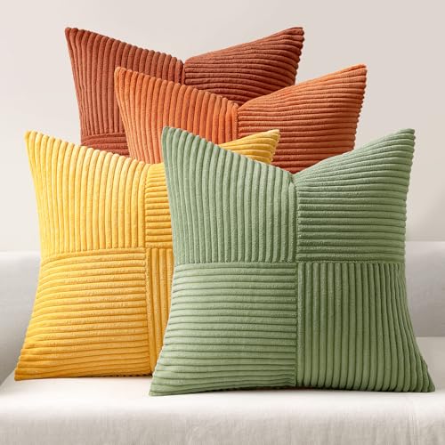 MIULEE 4er Set Kordsamt Kissenbezug Patchwork Kissenhülle Weich Dekokissen Modern Unsichtbarer Reißverschluss Sofakissen Zierkissen für Sofa Wohnzimmer Schlafzimmer Orange Grün Serie 50x50 cm