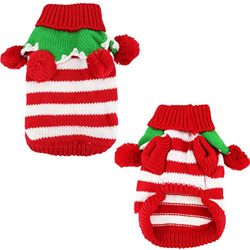 Adorable Cute Striped Festive Holiday Christmas Pet Dog Cat Sweater With Balls Collar And Adjustable Bow Tie Collar Or Headband (S, Red And White Stripes) #TOP5
