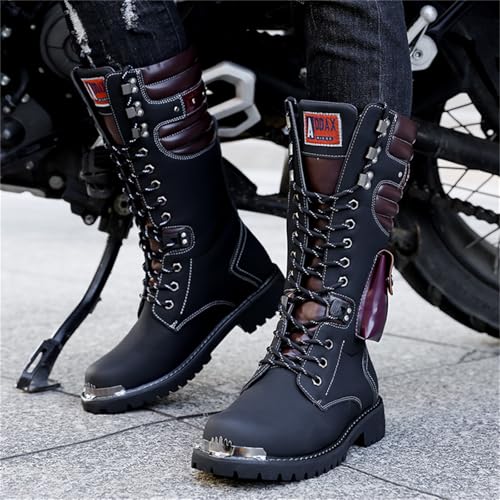 Men's Leather High Top Lace Up Motorcycle Boots Mid-Calf Military Tactical Combat Boot Buckle British Metal Biker Riding Punk Rock Backpacking Shoes4