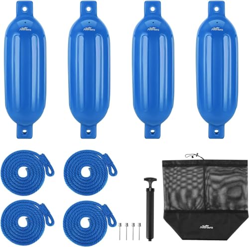 Affordura Boat Fender 4 Pack Boat Bumpers Fenders 6.5 Inch with 4 Ropes, Boat Bumpers for Pontoon Boat Fenders Inflatable (Blue)