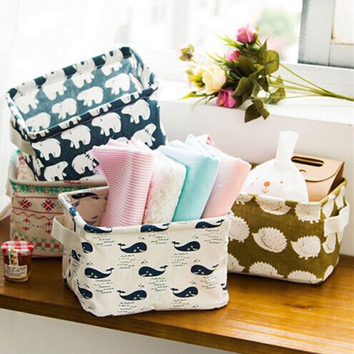 Small Foldable Storage Basket Canvas Fabric Organizer Collapsible and Convenient for Nursery Babies Room Toys Makeup Books Bins (Tree)