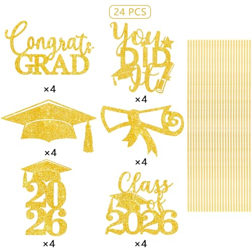 Image of Graduation Centerpiece Sticks 24PCS Glitter Grad Picks Party Table Decor Senior High School College Sign Gold