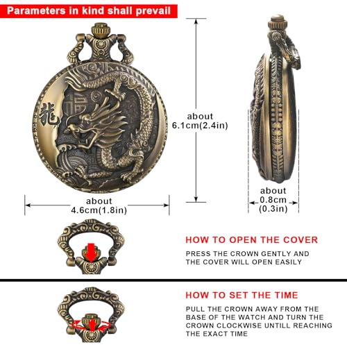 Image of Tiong Pocket Watch Pattern Vintage Quartz Pocket Watches with Chain Christmas Graduation Birthday Gifts Fathers Day
