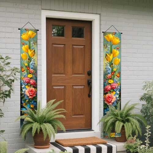 Image of Nuxovilar Floral Butterfly Tulip Rose Door Banner Polyester 70x12 In