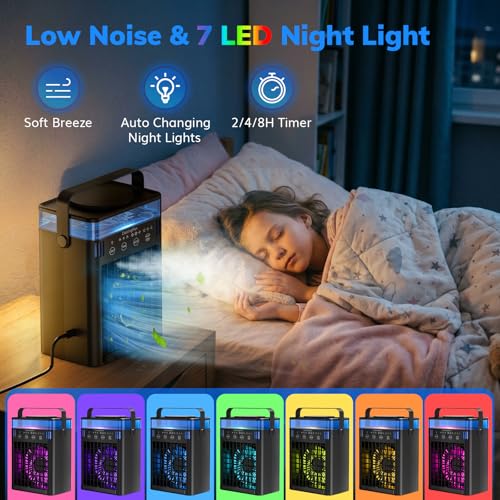 Portable Air Conditioner, Mini Air Conditioner Portable Cooling Fan with Remote Control, 3 Wind Speed & 3 Mist Level & 2-8H Timer & 7 LED Light Evaporative Air Cooler for Home Offi image 5