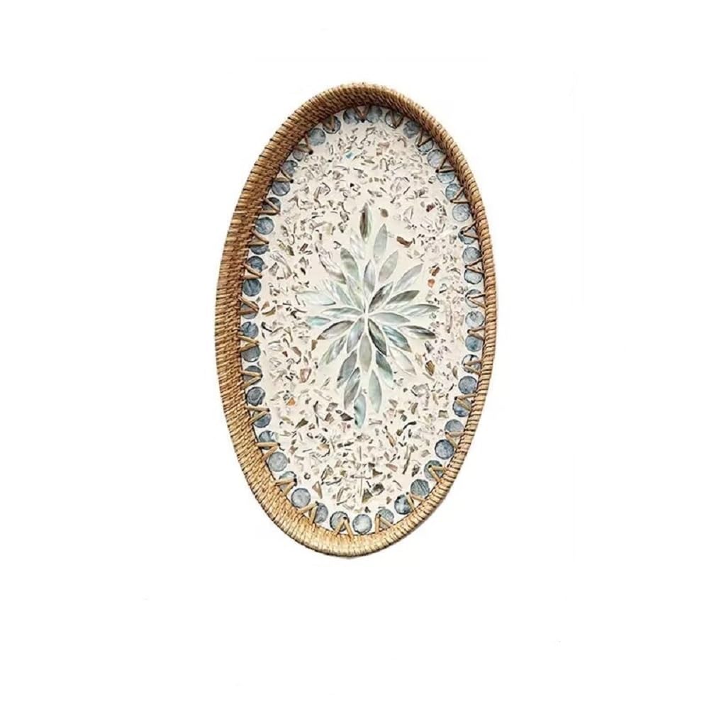 Photo 1 of 14.5 Inch Serving Tray for Coffee Table Ottoman Décor Tray for Living Room Mother of Pearl Inlay Rattan Centerpiece Tray for Candle Holder, Flower, Coffee, Bread, Fruit (Large)
