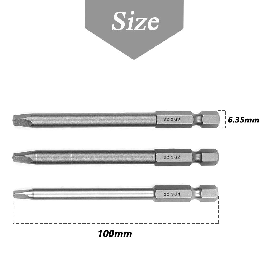 Mesee 100mm Square Head Screwdriver Bits with 1/4 Inch Hex Shank, S2