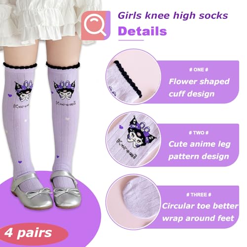 Image of 4 Pairs Knee High Socks for Girls & Women, Cute Cartoon Thicken Over Knee Stockings Cotton Long Socks Halloween Costume 15 inch