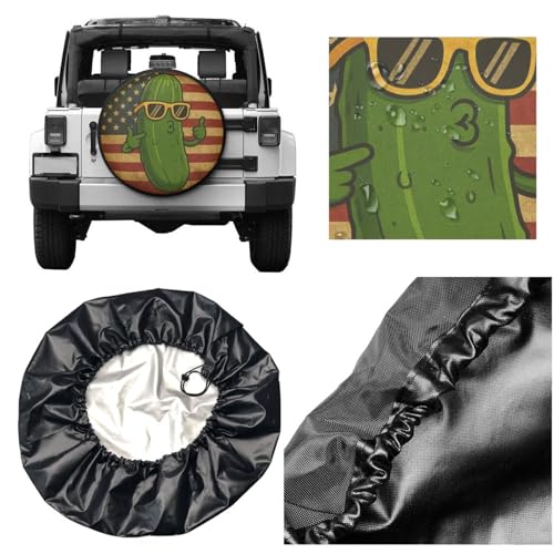 Image of Funny Pickle American Flag Spare Tire Cover with Unique Print, Weatherproof Wheel Covers Tire Protector, Universal Fit for Rv, Trailer, SUV, Camper Vehicle
