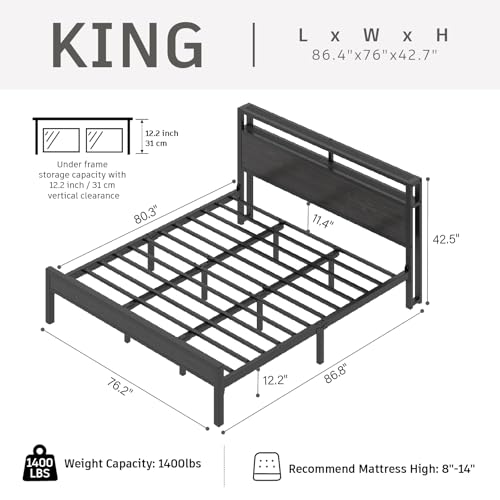 Image of E-Motie King Size Bed Frame with LED Lights, Industrial Platform Bed with Storage Headboard and Charging Station, Heavy Duty Metal Slats, No Box Spring Need, Noise Free, Easy Assembly, Black