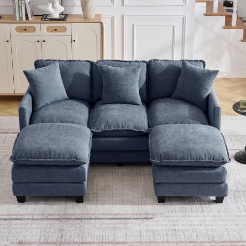 Image of 72'' Cloud 3 Seater Couch with 2 Ottomans, U Shaped Sofa with 3 Throw Pillows, Modern Sectional Couches with Deep Seat, Modular Sofas for Living Room, Bedroom, Small Apartment, Blue