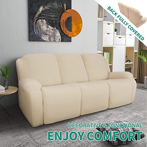 Image of YEMYHOM 8 Pieces Stretch Recliner Sofa Cover Jacquard Reclining Couch Cover with Side Pocket Anti-Slip Fitted 3 Cushion Furniture Slipcovers with Elastic Bottom (Sofa Recliner, Beige)
