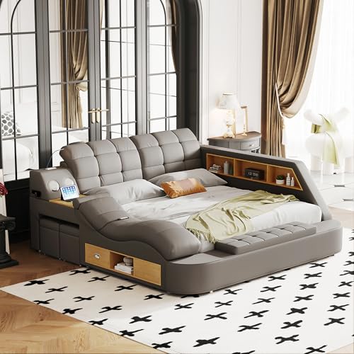 ModaWhly Smart Queen Bed Frame, Gray Multifunctional Bed with Massage