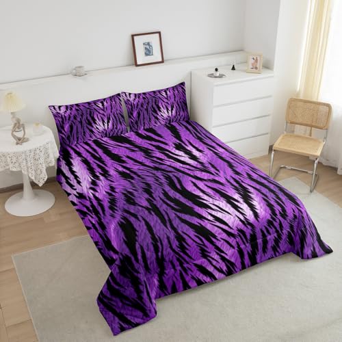 Image of Feelyou Kids Zebra Print Bedding Set Toddler Size Purple Black Zebra Stripe Bedding Set Toddler Size Skin Fur Print Comforter Set Kids Boys Girls Wildlife Duvet Set Microfiber Bed Set
